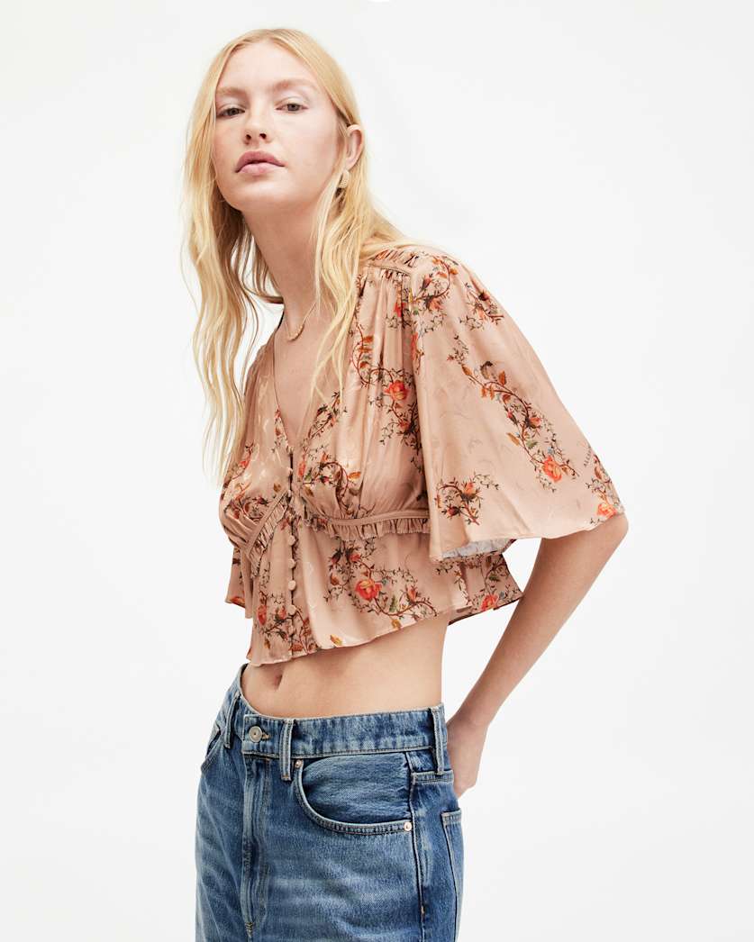 Tian Floral Print Oto Shirred Bust Top