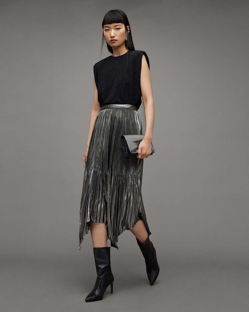 Lerin Metallic Asymmetric Midi Skirt