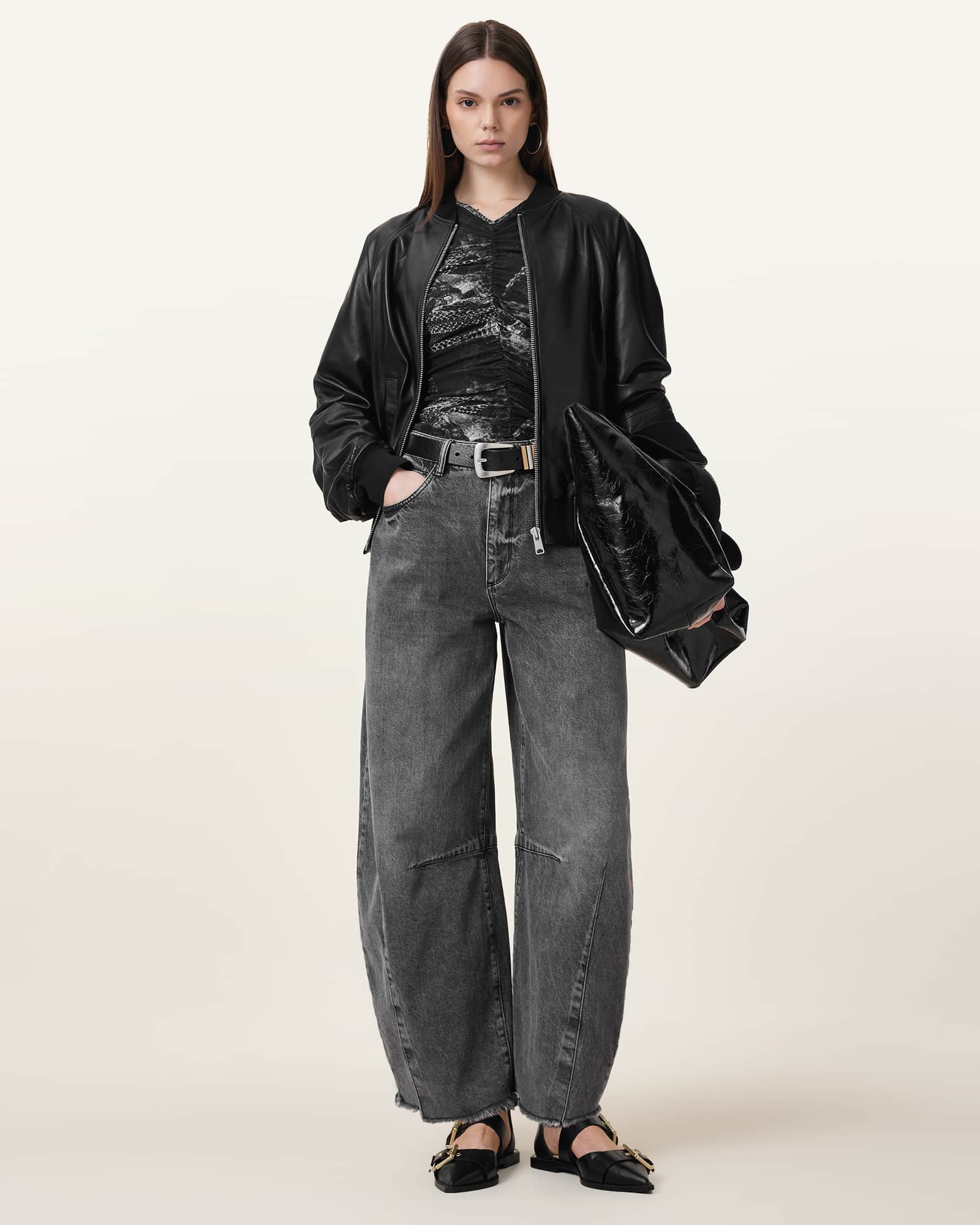 Dana Zip Detail Leather Bomber Jacket