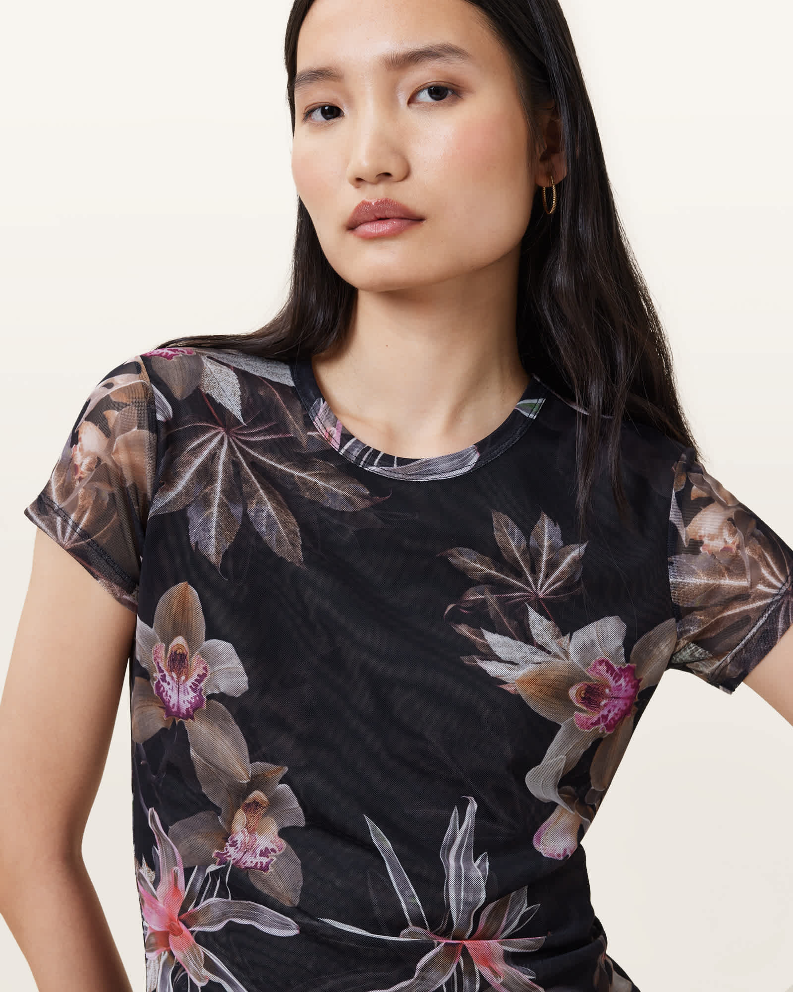 Ellie Mesh Floral Print Slim T-Shirt