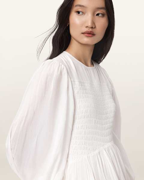 white dress for women petite Petite Cherie Puff Sleeve Lace-Up Back Dress Lace White S main image 0