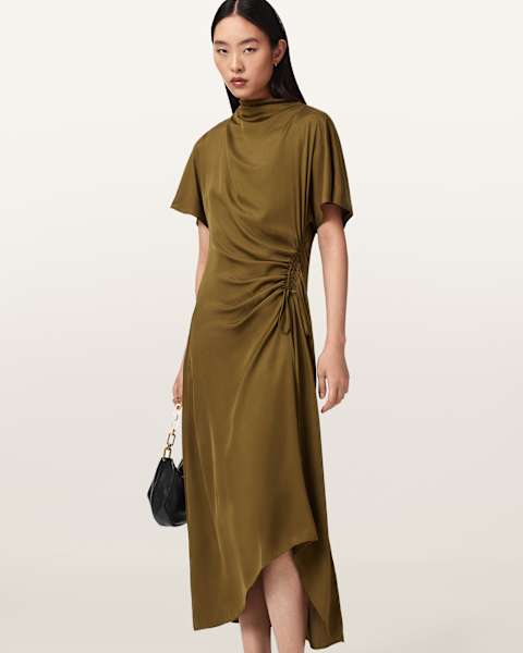 green emerald velvet dress AllSaints Women's Opal Logo Dress Fango Green Size XS at Amazon Women's  Clothing store main image 0