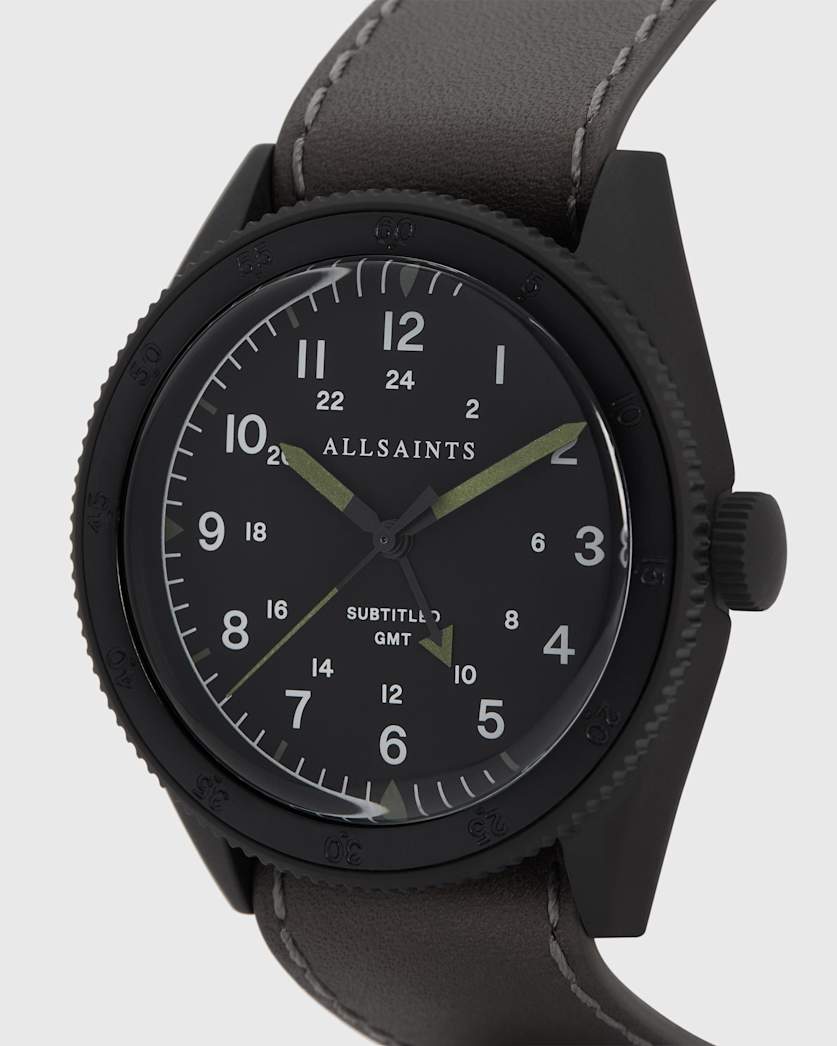 Subtitled GMT IV Matte Black Stainless Steel and Slate Leather Watch