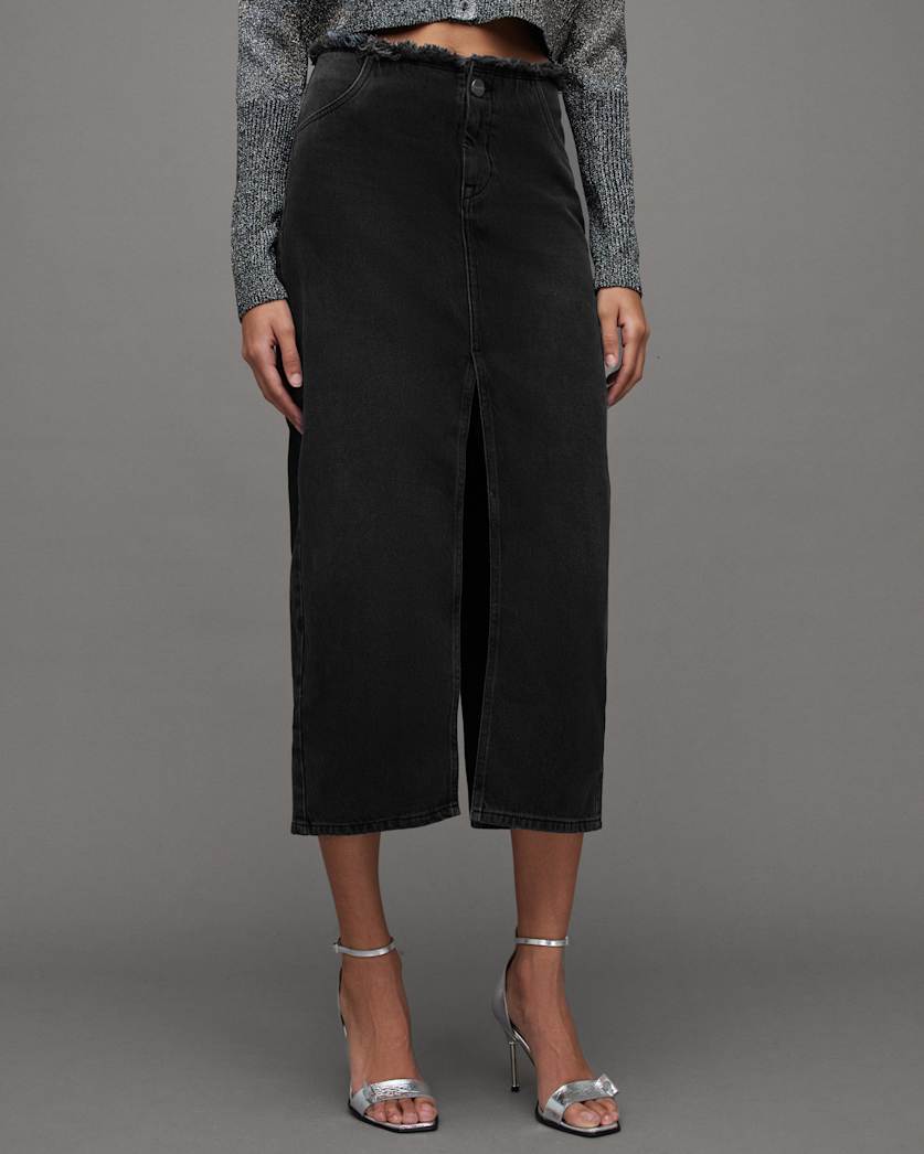 Cyra Frayed Waistband Maxi Denim Skirt