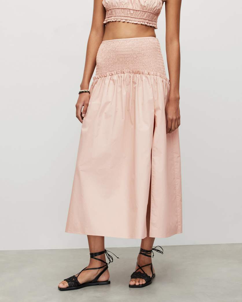 Alex Smocked Side Split Midi Skirt