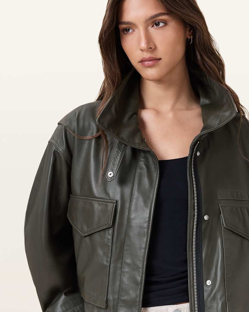 Clay Funnel Neck Cropped Leather Jacket