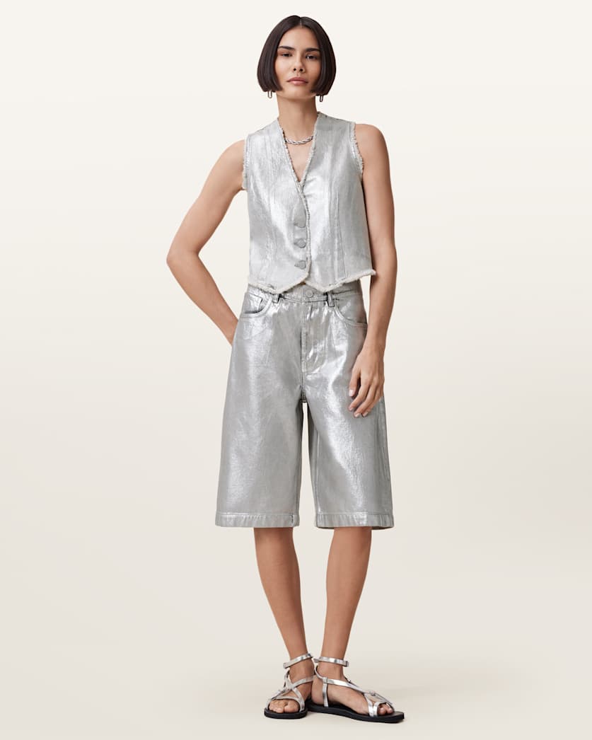 Louie Metallic Long Denim Shorts