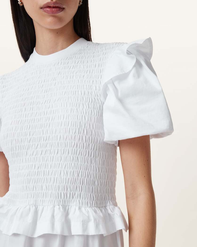 Ode Shirred Puff Sleeve Midi Dress