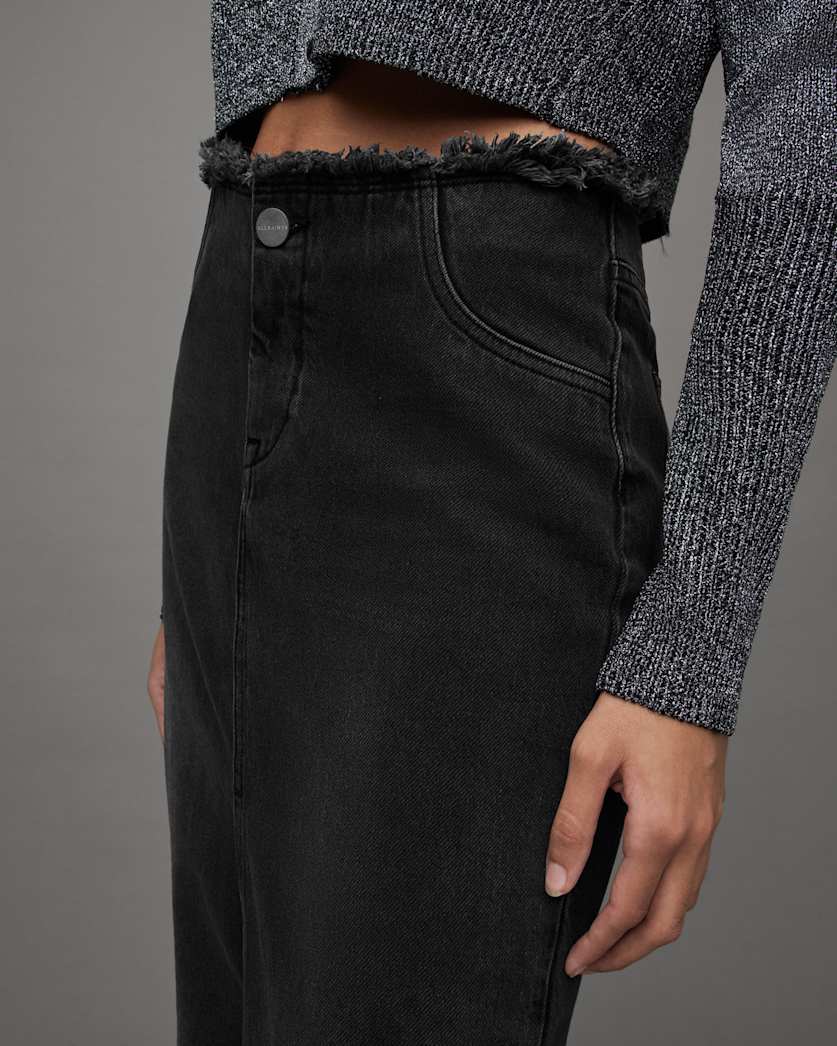 Cyra Frayed Waistband Maxi Denim Skirt