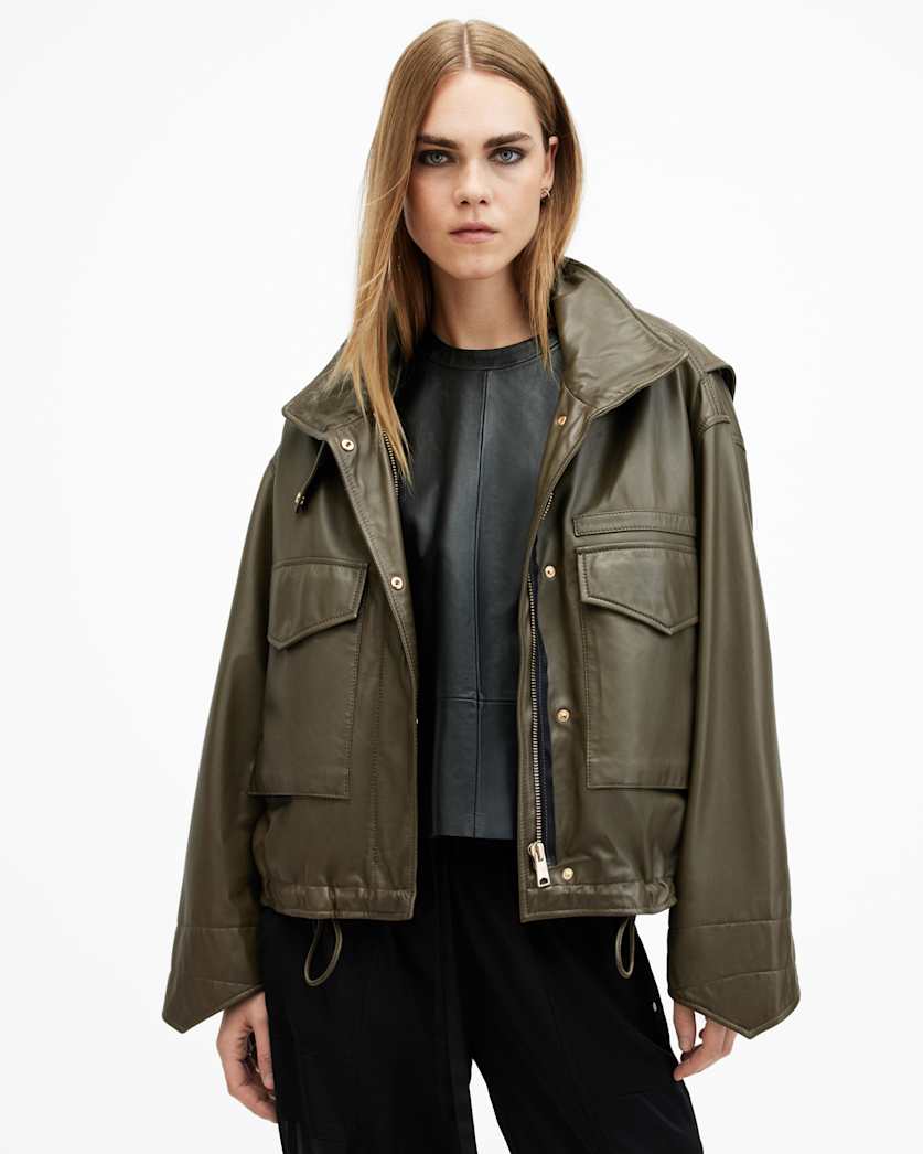 Clay Funnel Neck Cropped Leather Jacket
