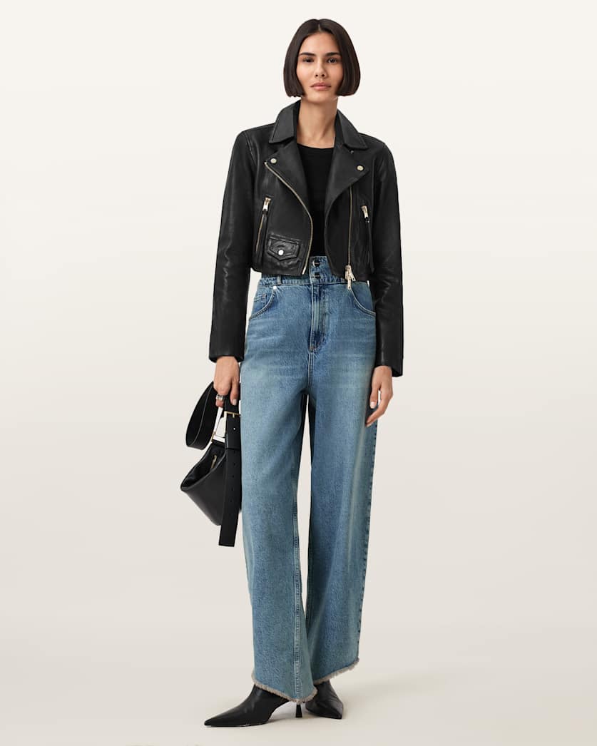 Elora Cropped Slim Leather Biker Jacket