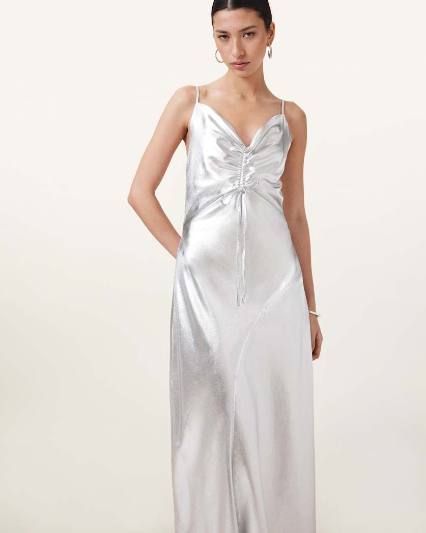 Alexia V-Neck Metallic Midi Slip Dress