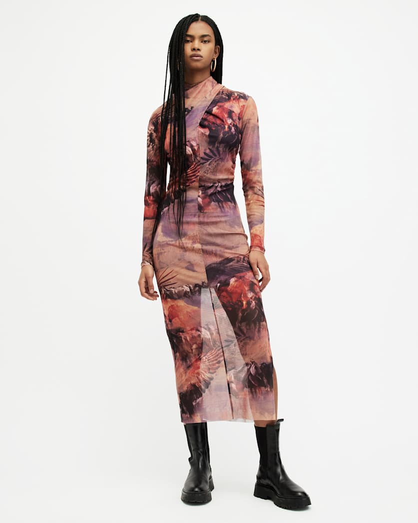 Tia Colca Mesh Printed Midi Dress