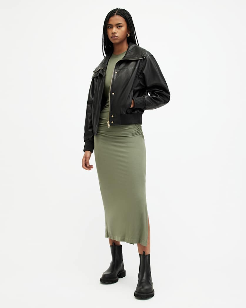 Etta Funnel Neck Leather Bomber Jacket