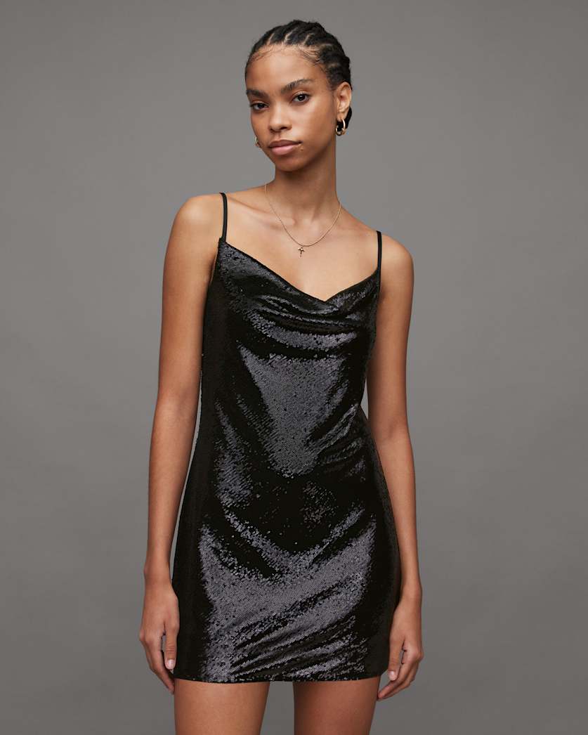 Haddi Cowl Neck Sequin Mini Slip Dress