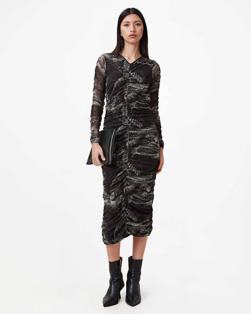 Keiko Mesh Gathered V-Neck Midi Dress