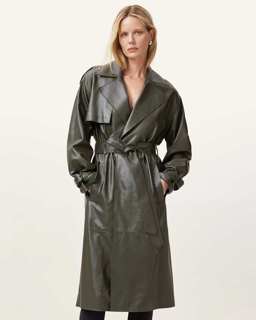 Inez Leather Long Trench Coat