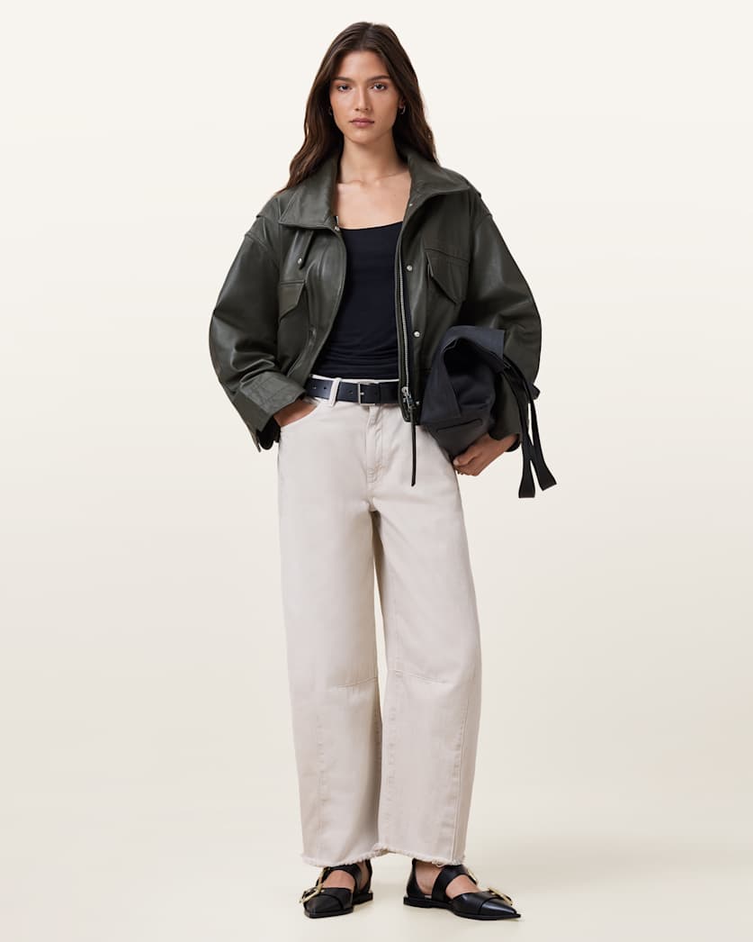 Clay Funnel Neck Cropped Leather Jacket