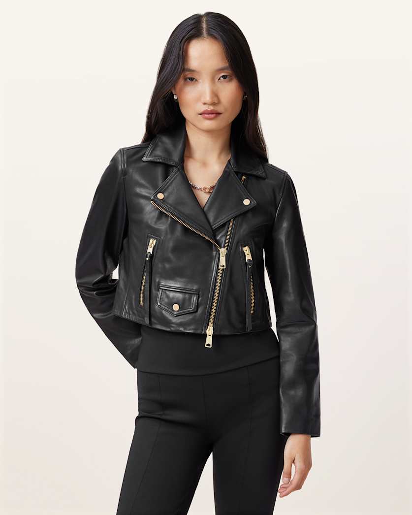 Elora Cropped Slim Leather Biker Jacket