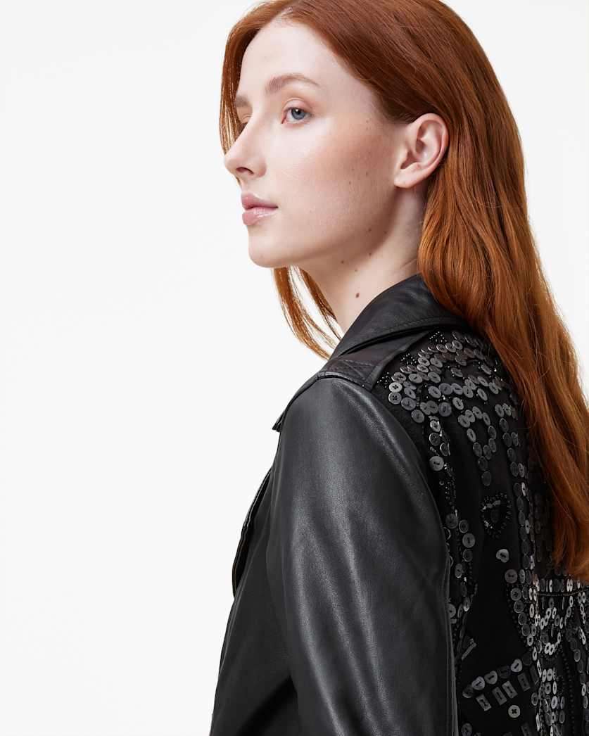 Billie Pearl Embellished Leather Biker Jacket