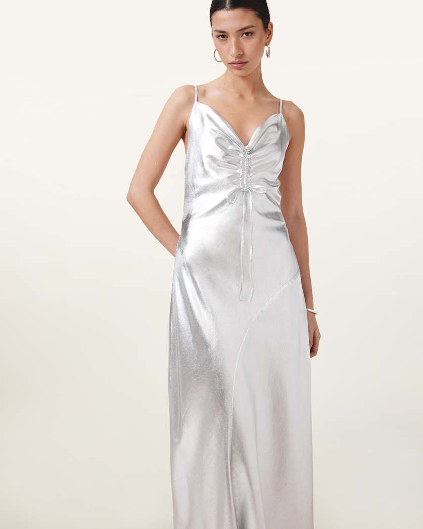 Alexia V-Neck Metallic Midi Slip Dress