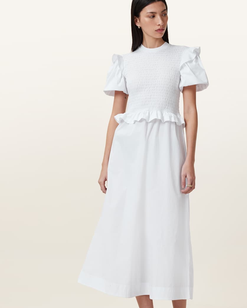 Ode Shirred Puff Sleeve Midi Dress