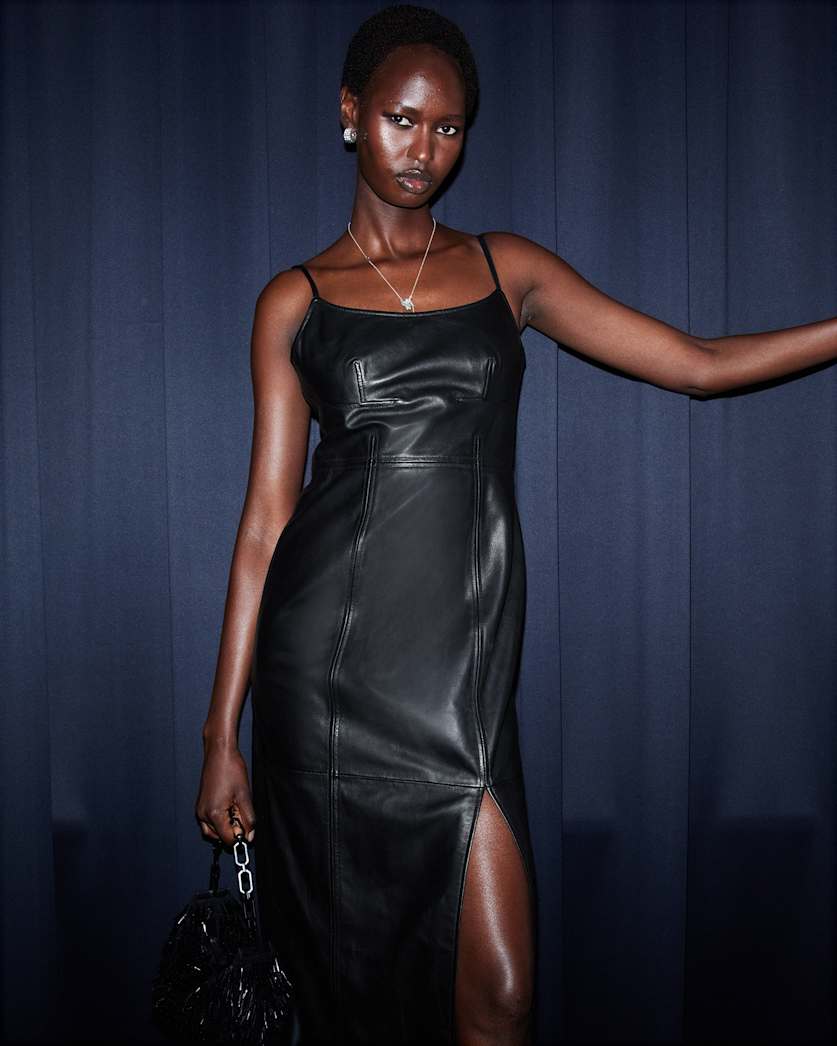 Norlene Scoop Neck Leather Midi Dress