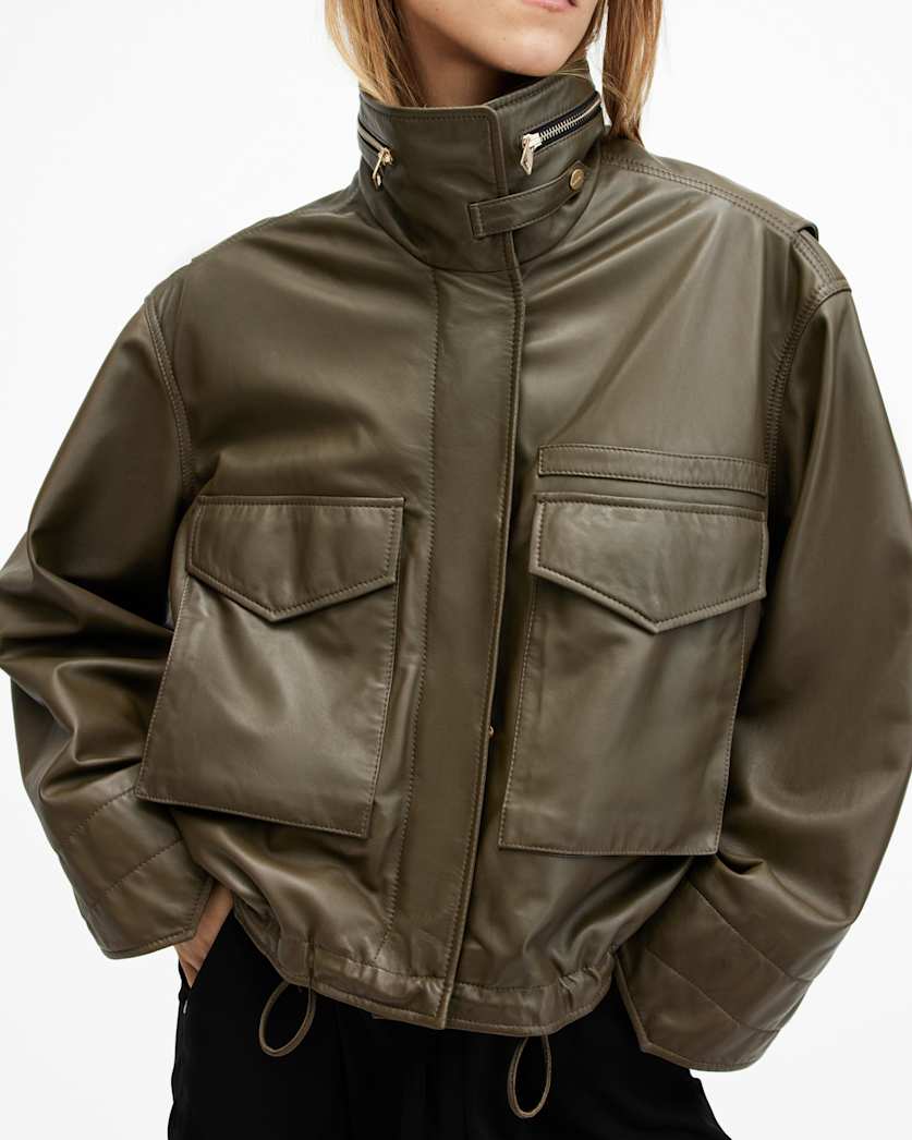 Clay Funnel Neck Cropped Leather Jacket
