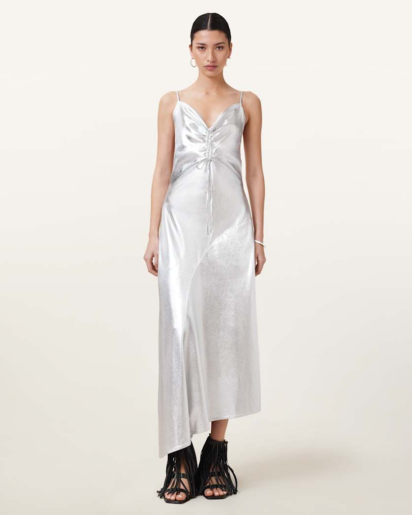 Alexia V-Neck Metallic Midi Slip Dress