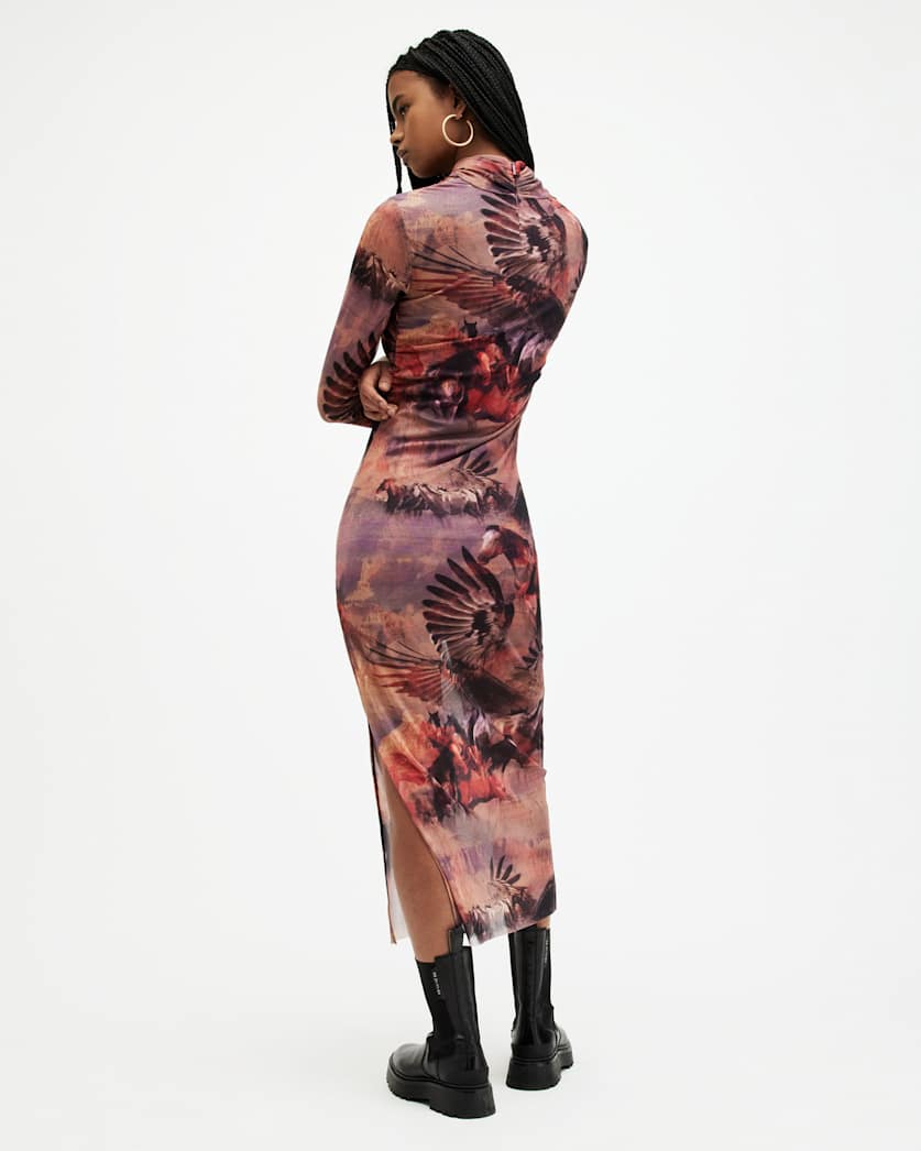 Tia Colca Mesh Printed Midi Dress