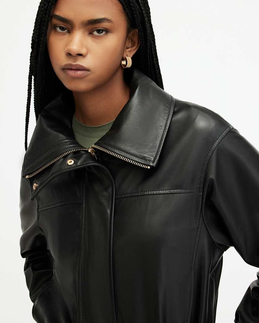 Etta Funnel Neck Leather Bomber Jacket