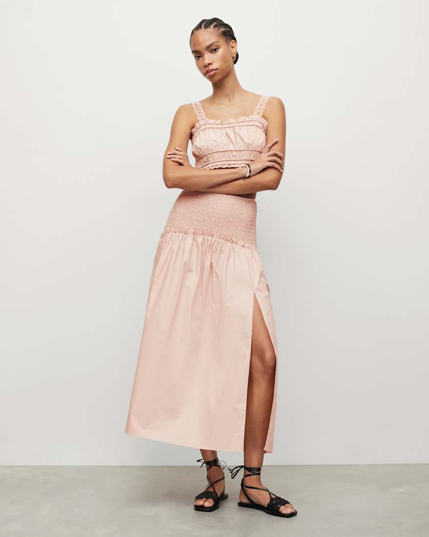 Alex Smocked Side Split Midi Skirt