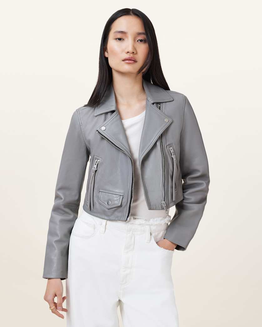 Elora Cropped Slim Leather Biker Jacket