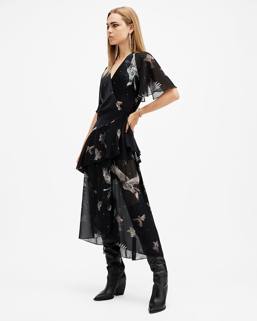 Alana Printed Wrap Over Midi Dress