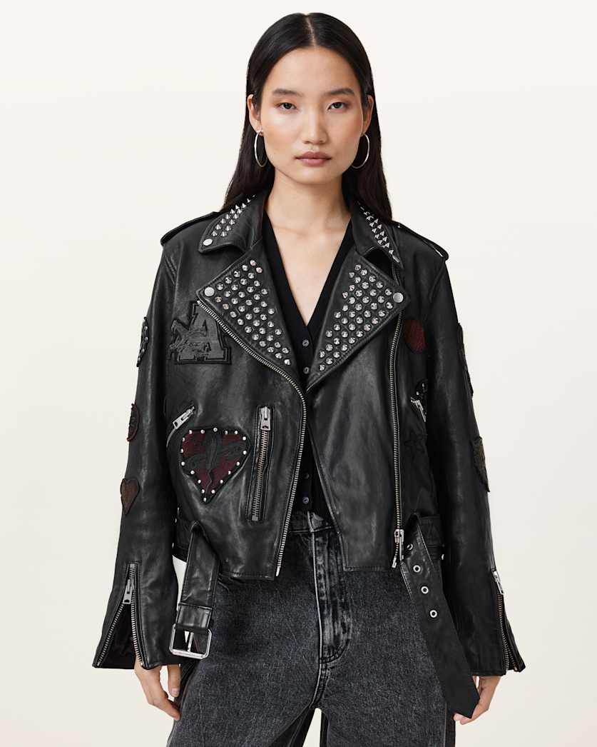 College Relaxed Fit Leather Biker Jacket