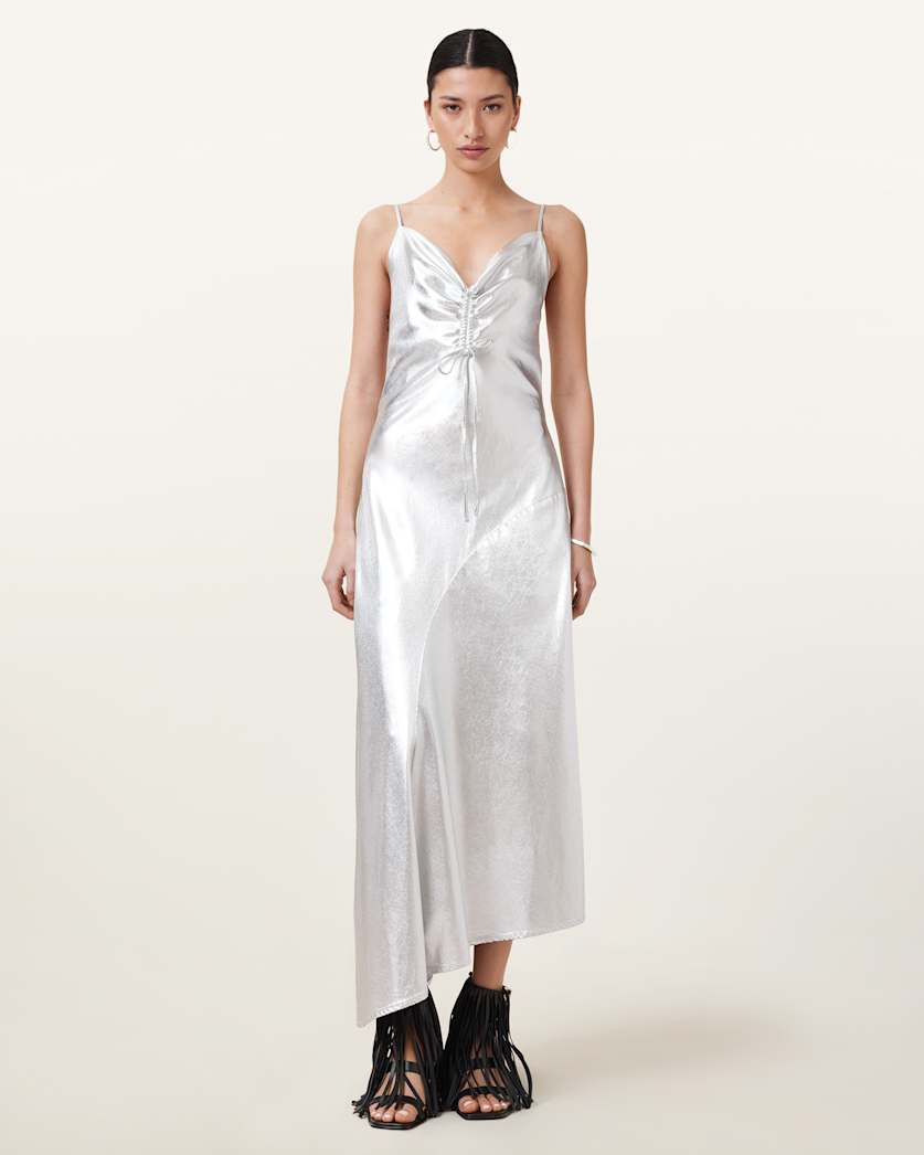 Alexia V-Neck Metallic Midi Slip Dress