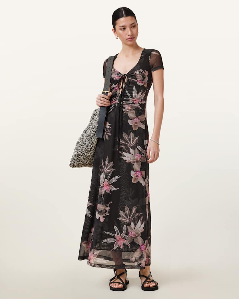 Gabby Floral Print Mesh Maxi Dress