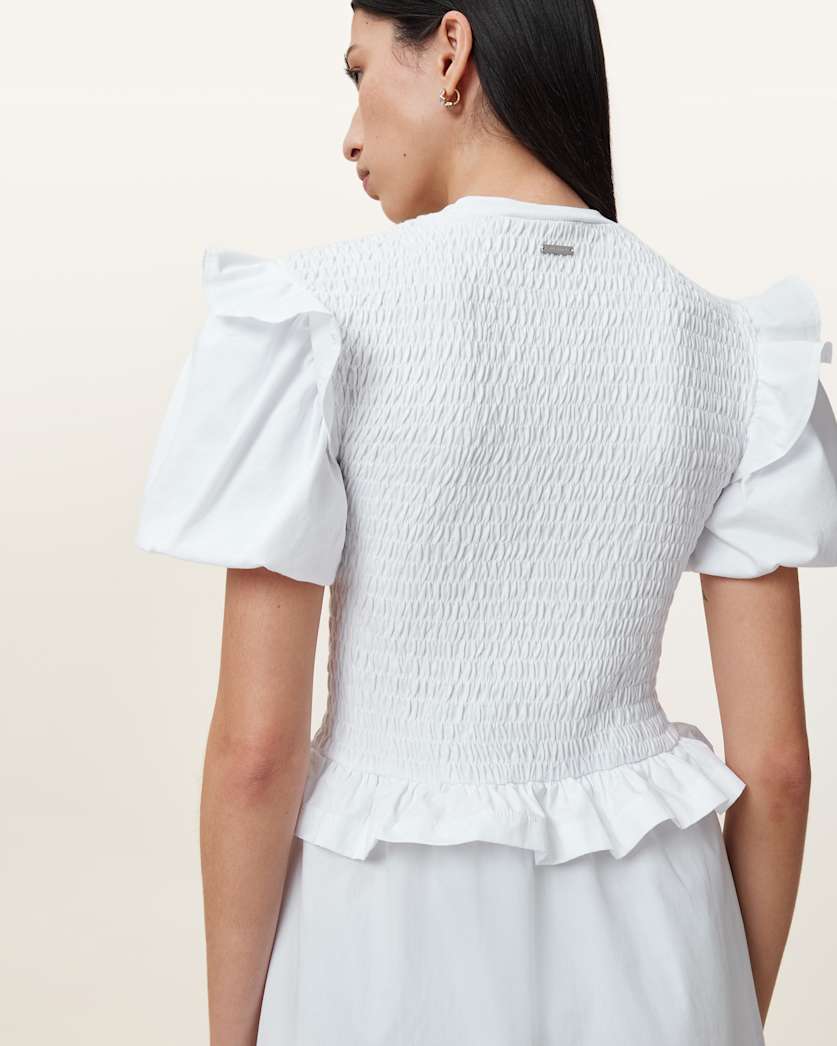 Ode Shirred Puff Sleeve Midi Dress