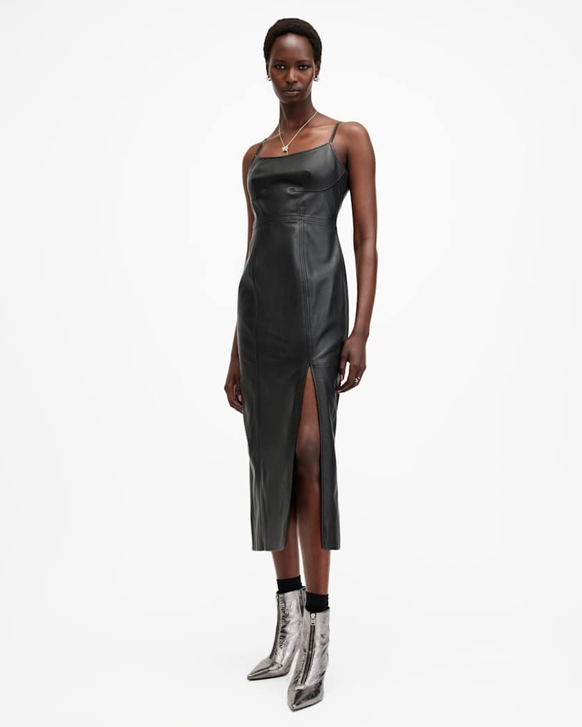 Norlene Scoop Neck Leather Midi Dress