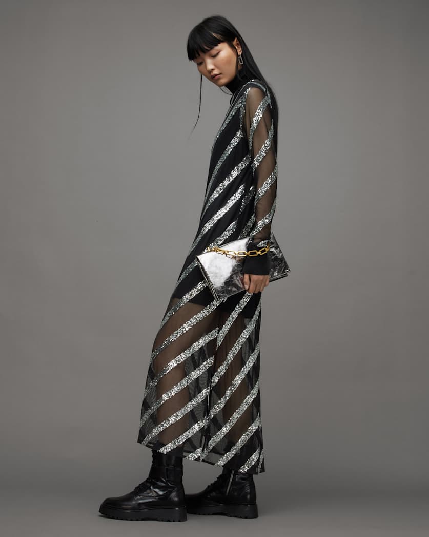 Juela Mesh Striped Sequin Midi Dress