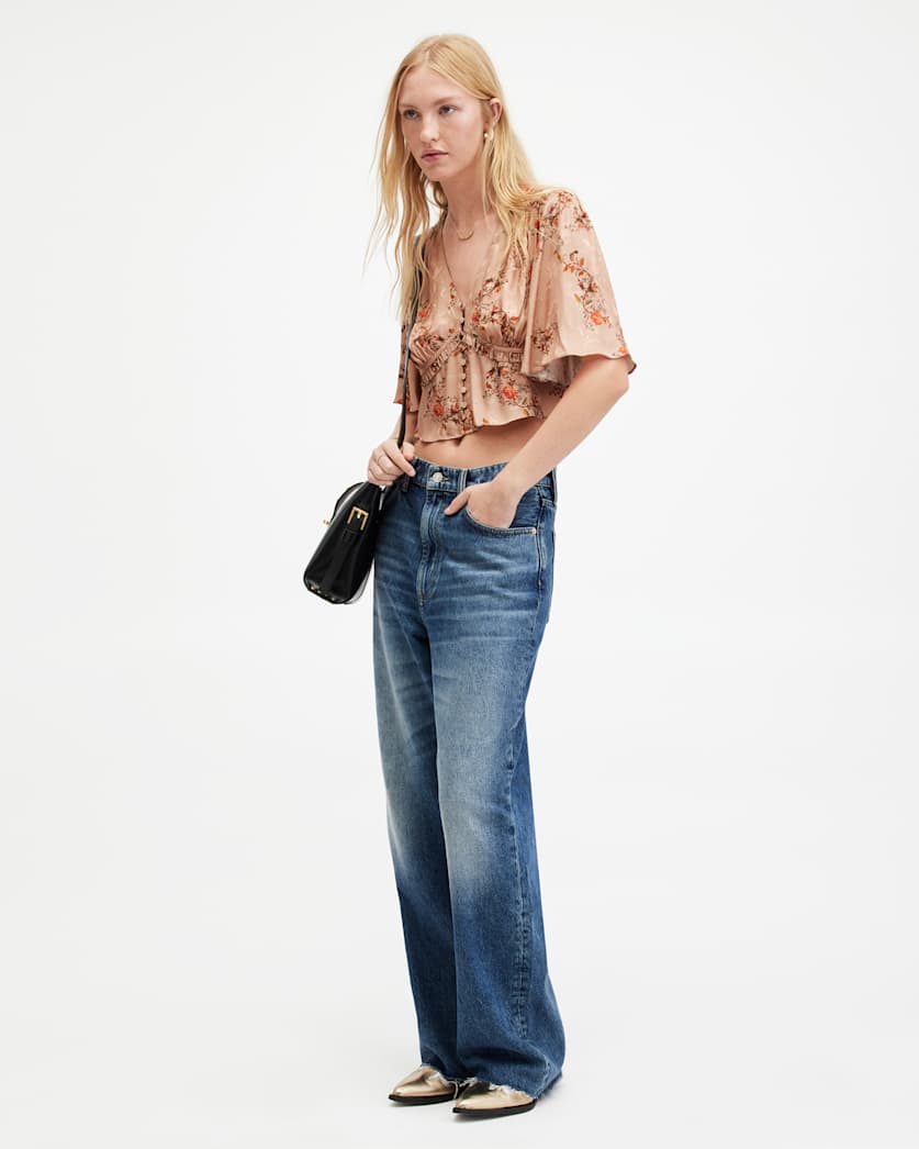 Tian Floral Print Oto Shirred Bust Top