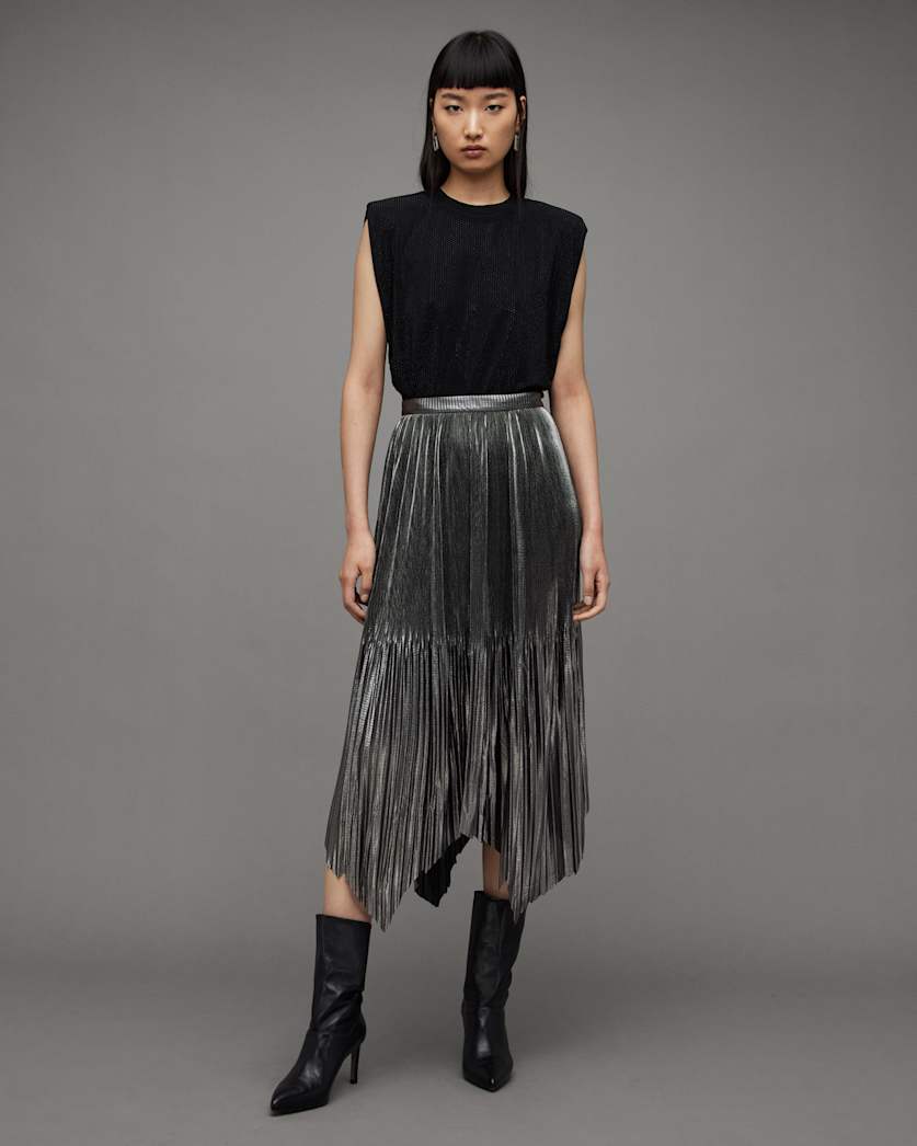 Lerin Metallic Asymmetric Midi Skirt