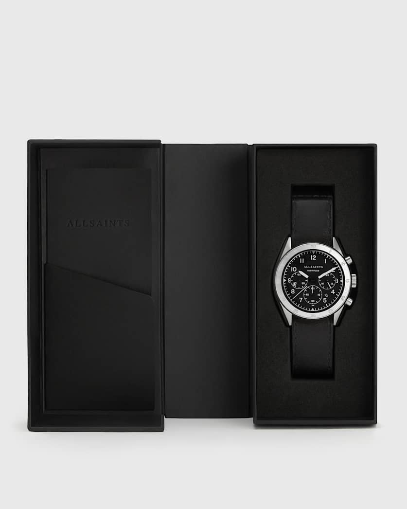 Subtitled IV Stainless Steel and Black Leather Watch