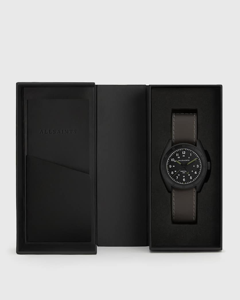 Subtitled GMT IV Matte Black Stainless Steel and Slate Leather Watch