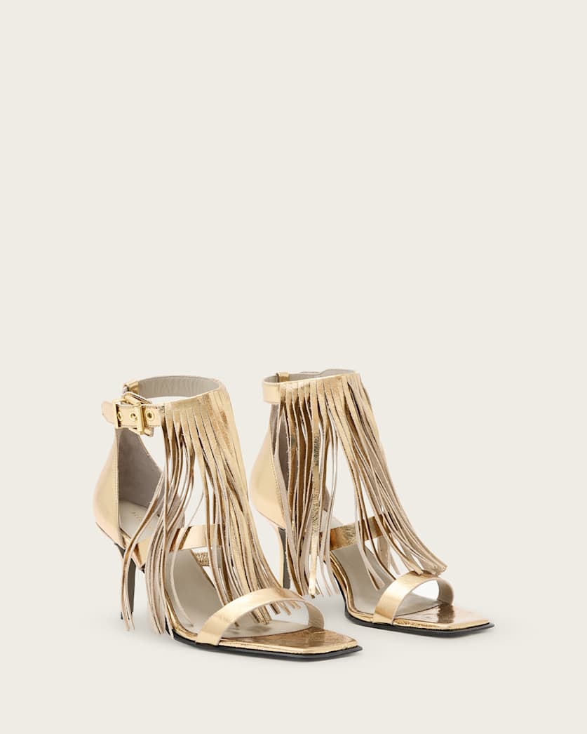 Paola Fringed Metallic Leather Heeled Sandals
