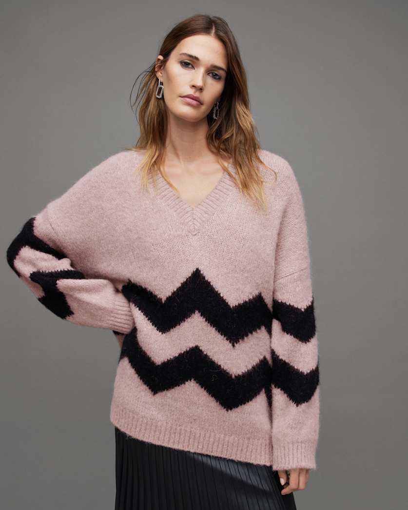 Ziggi Zig Zag Striped V-Neck Jumper