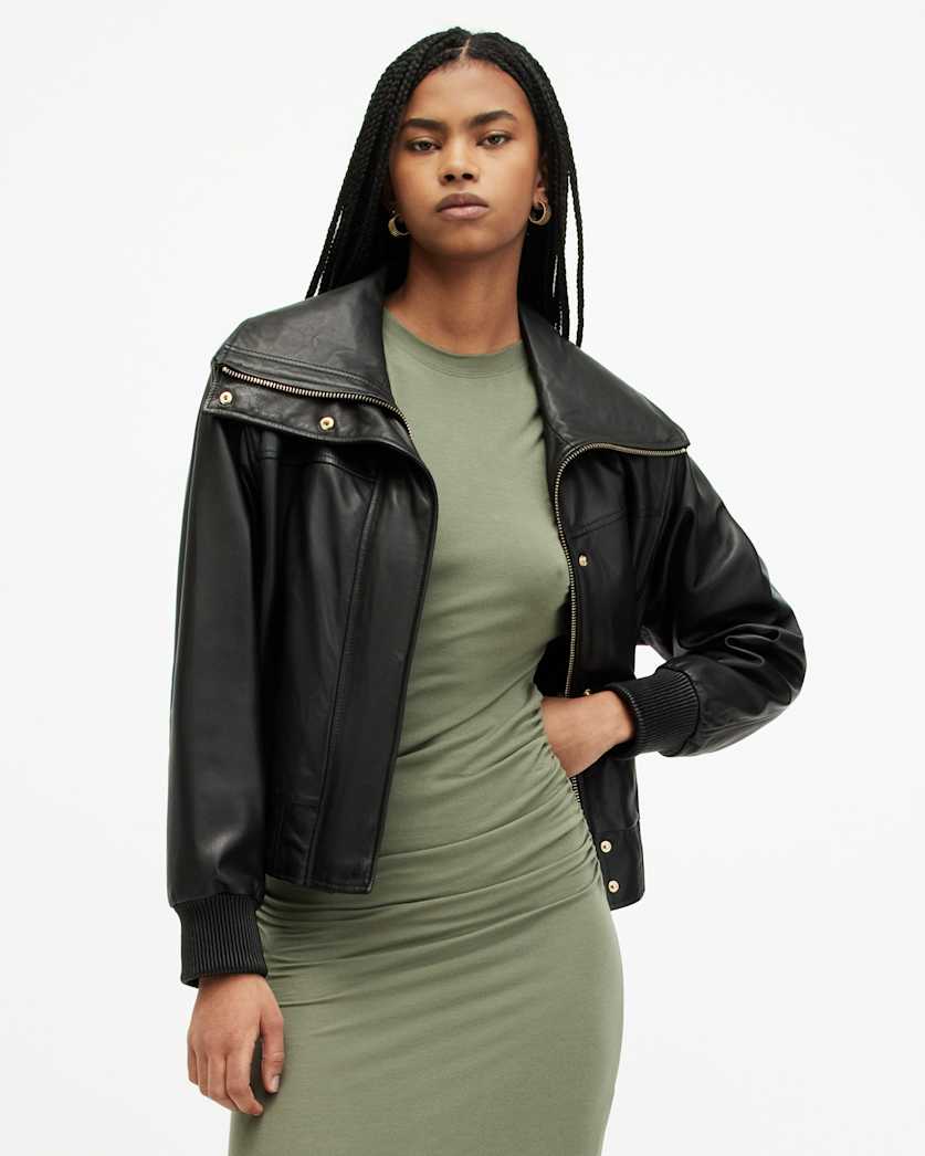 Etta Funnel Neck Leather Bomber Jacket