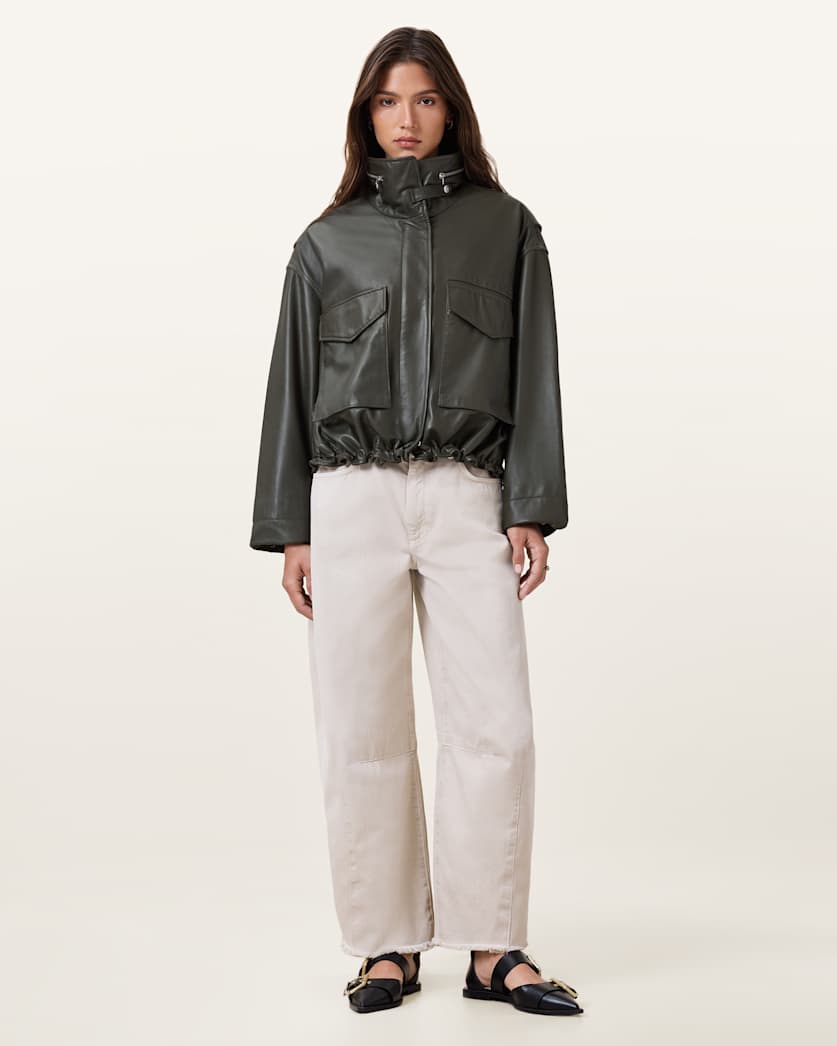Clay Funnel Neck Cropped Leather Jacket