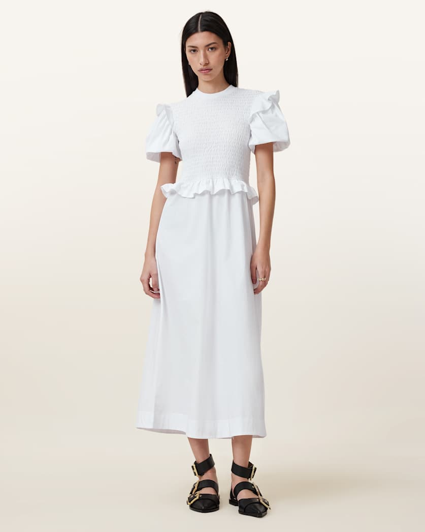 Ode Shirred Puff Sleeve Midi Dress