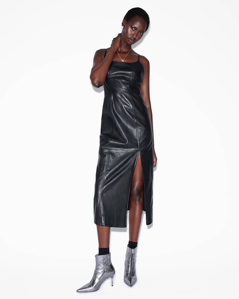 Norlene Scoop Neck Leather Midi Dress